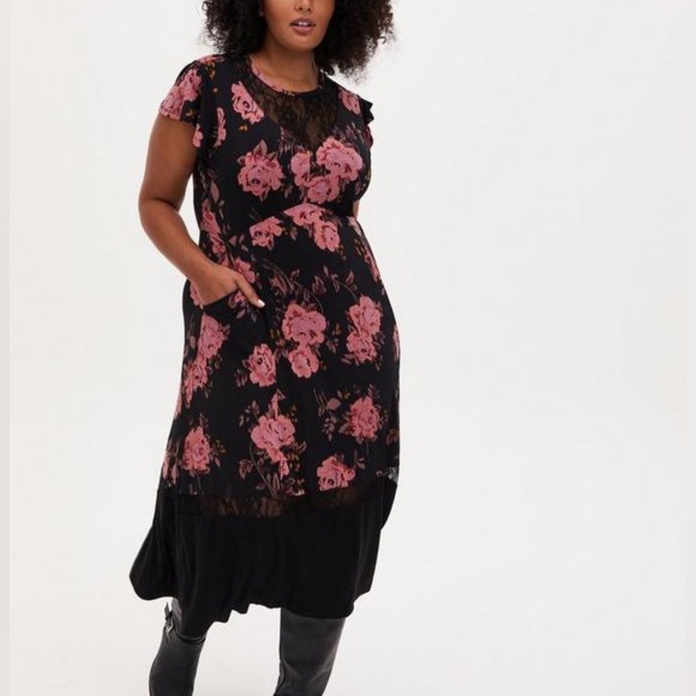 Torrid Black and Pink Floral & Lace Midi Studio Knit Dress Women’s Plus Size 4x